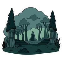 Forest full of darkness with mysterious ancient ruins in the fog vector