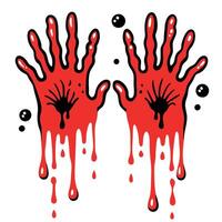 Red hands print with drips and splatters. Horror and dirty red palm for halloween decoration. Scary elements with stain. splatter and streams isolated on white background vector
