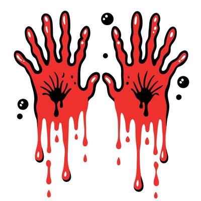 Red hands print with drips and splatters. Horror and dirty red palm for halloween decoration. Scary elements with stain. splatter and streams isolated on white background