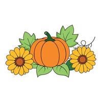 Painting of pumpkins and sunflowers with leaves vector