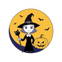 Illustration of Halloween witch with cat against full moon vector