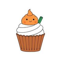 Pumpkin cupcakes on a white table topped with cream cheese frosting and dusted with cinnamon. vector