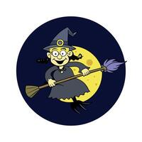 An old and ugly witch with an evil flying fast on a broom outside at night while there is a full moon. Halloween theme. cinematic lighting. vector