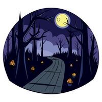 Dark scary forest path at night surreal Halloween background vector