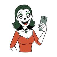 Smiling woman with spooky make-up using mobile phone on a celebration of halloween. Happy woman in costume halloween doing selfie using a smart phone. vector