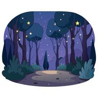 Dark magical fairy tale forest background with glowing lights vector