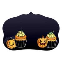 Halloween cupcakes and pumpkins on dark background with empty space for text vector