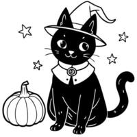 A cute black cat wearing a wizard costume is sitting in the hallowing photo set in warm autumn colors with a glowing pumpkin. vector