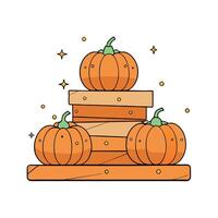 Pumpkins stacked on wooden boards with sparkling lights in the background vector
