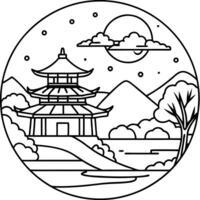 Autumn landscape with a Japanese temple at night with a big full moon vector