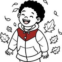 Happy laughing mixed race child playing in autumn leaves red jacket vector