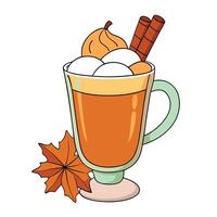 Pumpkin spice latte in a clear glass mug with cinnamon sticks and autumn leaves around vector