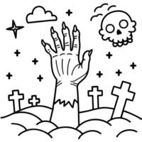 Halloween ambiance. undead hand emerges from earth. Cemetery with crosses. invoking fear and horror. vector
