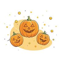 Halloween pumpkins in the air with golden confetti and bokeh. Festive background. vector