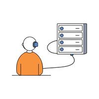 Person looking at a wired internet server from behind. vector