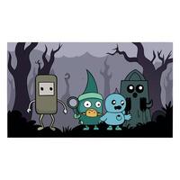 Group of mysterious creepy creature at haunted foggy forest background. technology. vector
