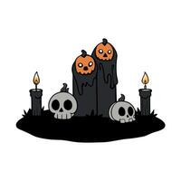 Black and dark candles with Halloween skulls and pumpkins. Realistic scenes with many candles in a gloomy and very dark environment. vector