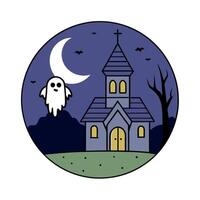 Night scene with creepy church and ghost. Digital art for Halloween. vector