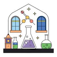Magic laboratory with objects and experiments with huge windows. vector