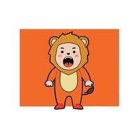 Little King of the Jungle. Adorable Toddler in Lion Costume Roars on an Orange Background with copy space vector