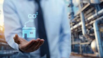 Man holding a co2 symbol in front of a factory photo