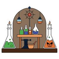 Medieval alchemy laboratory with various flasks and old books during halloween. AI vector