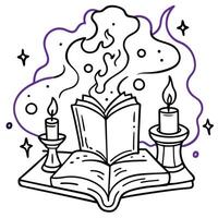 Magic opened old book on the desk with candles and purple smoke. vector