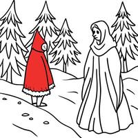 Red cloaked figure encountering a stranger in the scary winter forest illustration vector