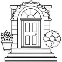 Fall autumn wreath on green front door and autumn flower pot arrangementts on steps vector