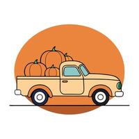 Pickup truck with a trunk full of pumpkins against the backdrop of the setting sun vector