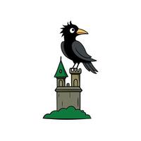 Gothic painting of a black raven on a stone post with a castle in the background vector