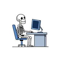 A human skeleton sitting on a chair and staring at a computer screen in a dark room. Work beyond the norm. . vector
