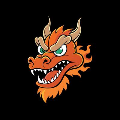 Angry realistic Chinese dragon head with orange glow and smoke isolated on black background illustration.