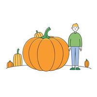 Person standing in front of giant pumpkin on pumpkins field patch. Man and large pumpkin. vector