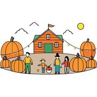Pumpkins on a pumpkin patch farm autumn fall festival with lights and people vector