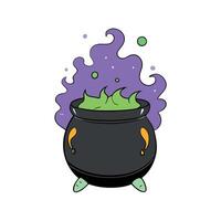 Realistic witch cauldron in a spooky scene with multicolored smoke. Witch cauldron for Halloween. vector