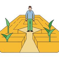 Man standing in the middle of the corn maze path vector