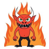 Illustration of a hellish demon creature with blazing eyes standing close up against a background of flames. vector