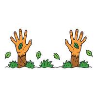 Horror and Halloween theme Terrible zombie hands dirty with black nails reach to the green leaves the walking dead apocalypse first person view. Copy space image. Place for adding text vector