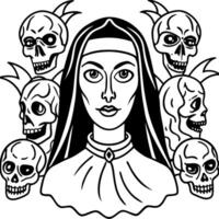 Dark satanic possessed nun surrounded by skulls in a nightmare vector