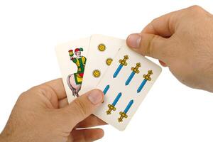 Two hands holding playing cards with a horse on one side photo