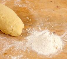 A dough ball and flour on a wooden table photo