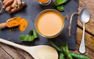 Turmeric and ginger tea on a wooden table photo
