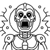 Dark robotic skeleton science fiction screaming robot skull connected to a computer core. Neural network art vector