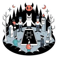Satanic creepy group cult at haunted forest background. technology. vector