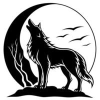 Silhouette of howling wolf against dark toned foggy background and full moon or Wolf in silhouette howling to the full moon. Halloween horror concept. vector