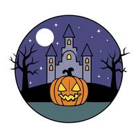 Happy Halloween celebration pumpkin and dark castle with graveyard. Full Moon spooky night mysterious forest darkness scene background. vector
