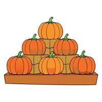 An outdoor display of a crop of large pumpkins on top of hay bales ready for the fall season and its holidays. vector