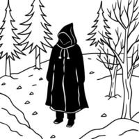 Illustration of a dark hooded figure walking on a snowy foggy forest in winter. Cold. darkness. mysticism and fear concept vector