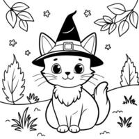 Kitten in a witch's hat in the autumn forest. Place for text. vector